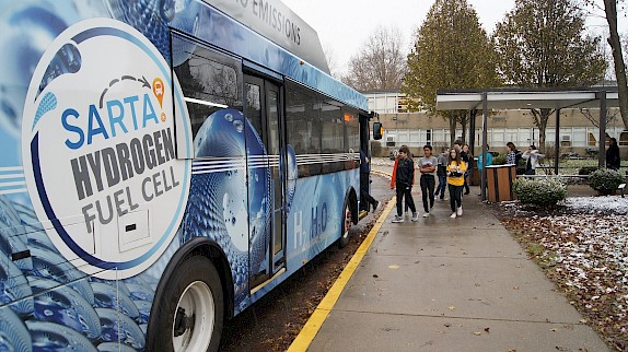 Students from Perry Middle School board SARTA's 30-foot Hydrogen Fuel Cell Bus